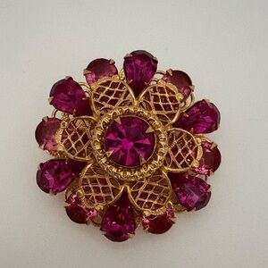 Vintage Fuchsia Rhinestone Flower Brooch Gold-Tone